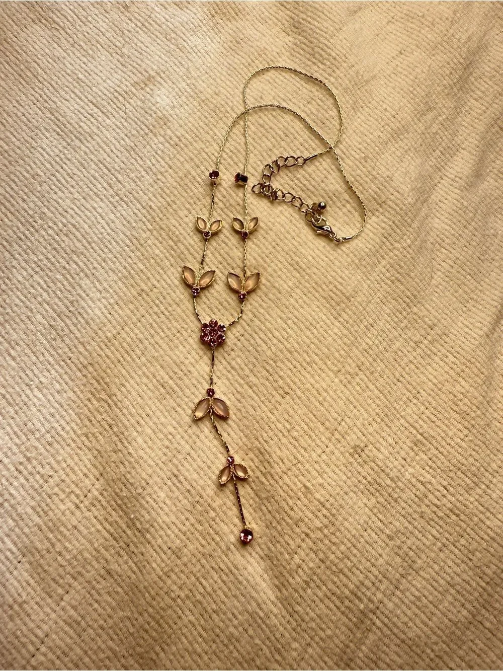 Y2K Pink Sakura Flower and Rhinestone Link Drop Necklace